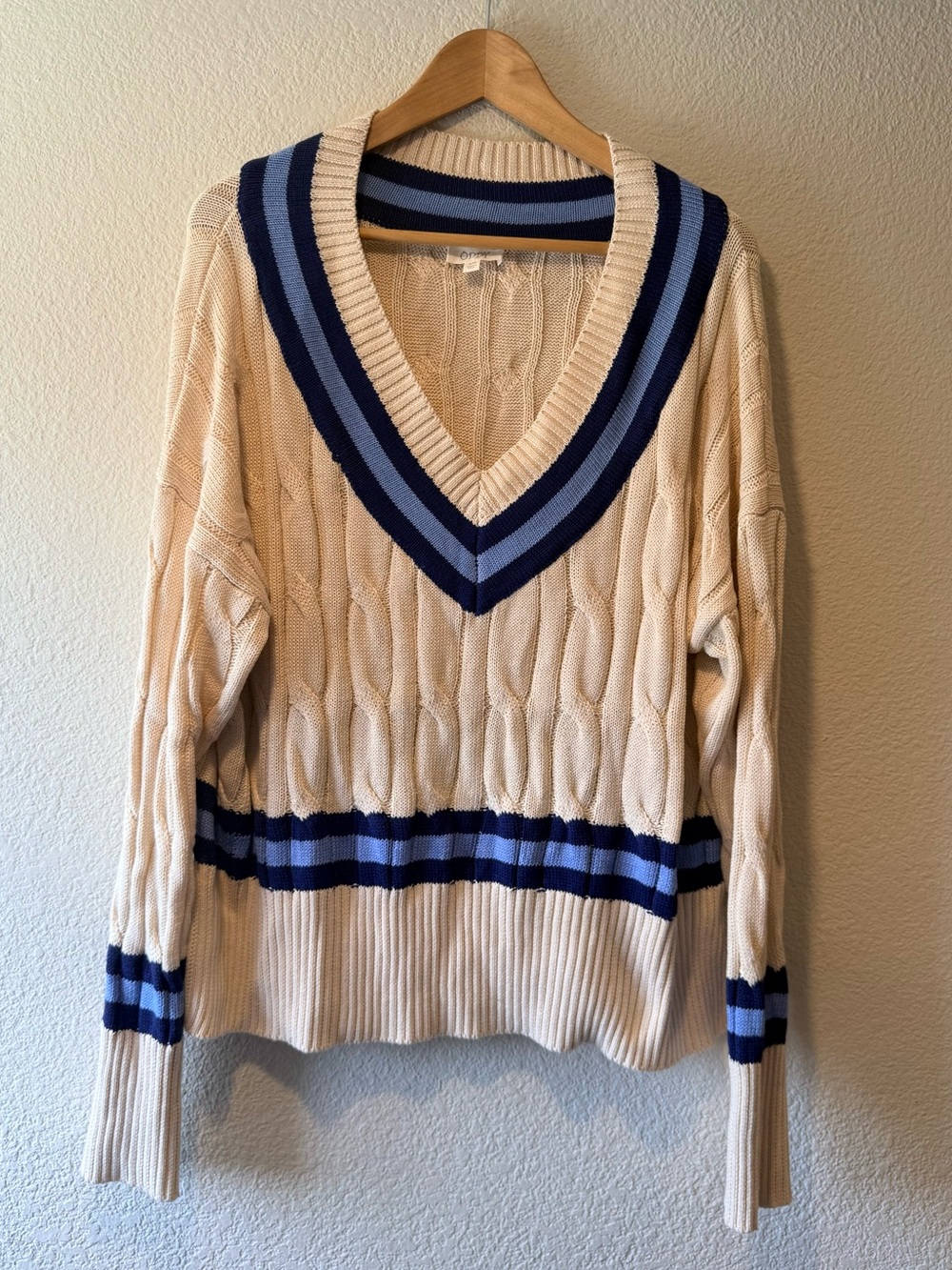 ODDY Cream Cable V-Neck Sweater with Navy & Light Blue Stripes